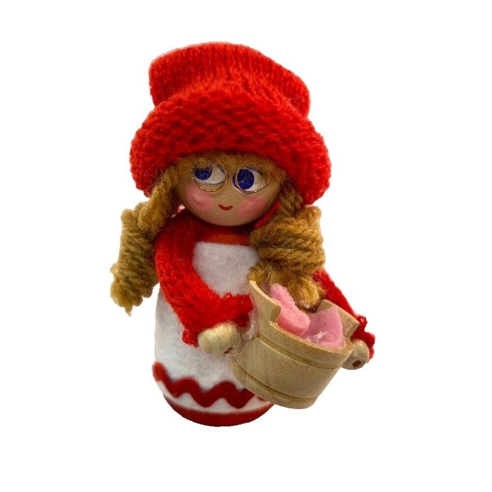 Vintage 4" Wooden Swedish Tomte Girl with Glasses Handmade Holding Laundry